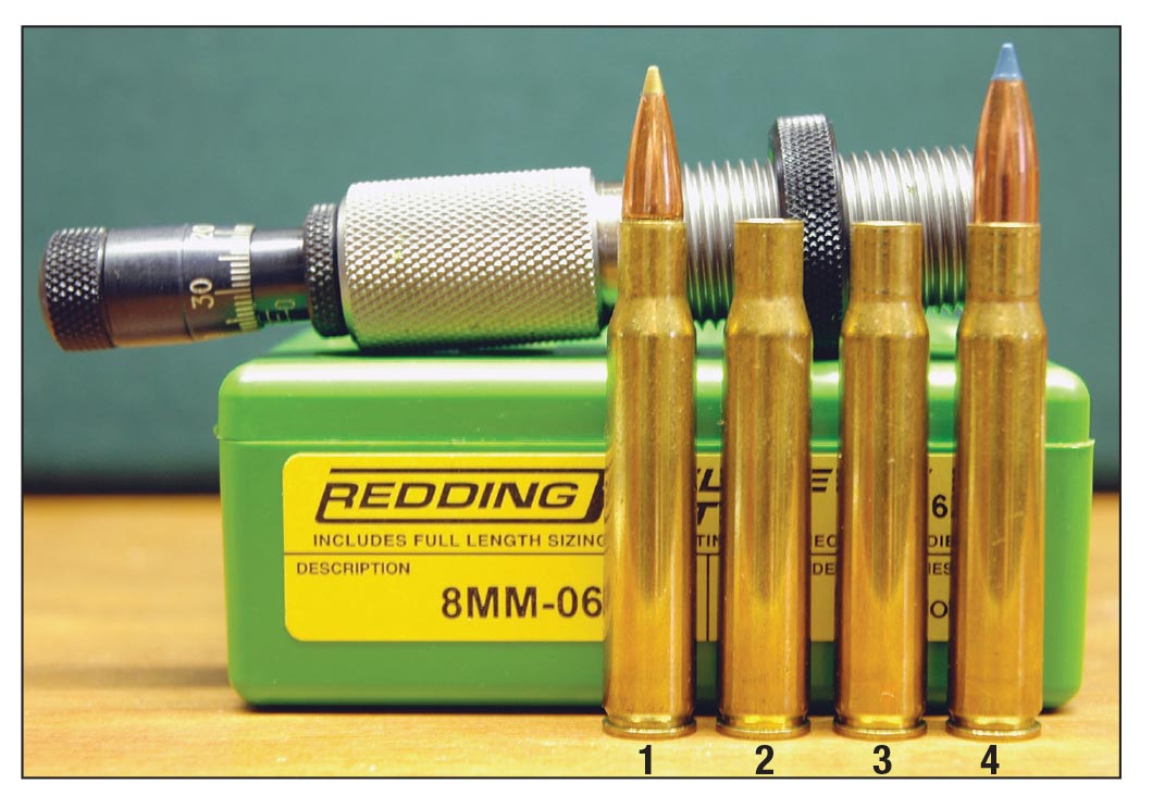 The 8mm-06 case is formed by necking up .30-06 brass with no fireforming required. This lineup includes a (1) .30-06 cartridge, (2) .30-06case, (3) .30-06 case necked up to 8mm and a (4) finished 8mm-06 cartridge.